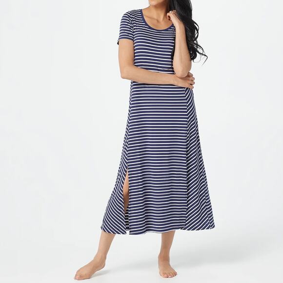 Cuddl dudds Dresses & Skirts - Cuddl Duds Flexwear Maxi Dress navy blue white stripes size S